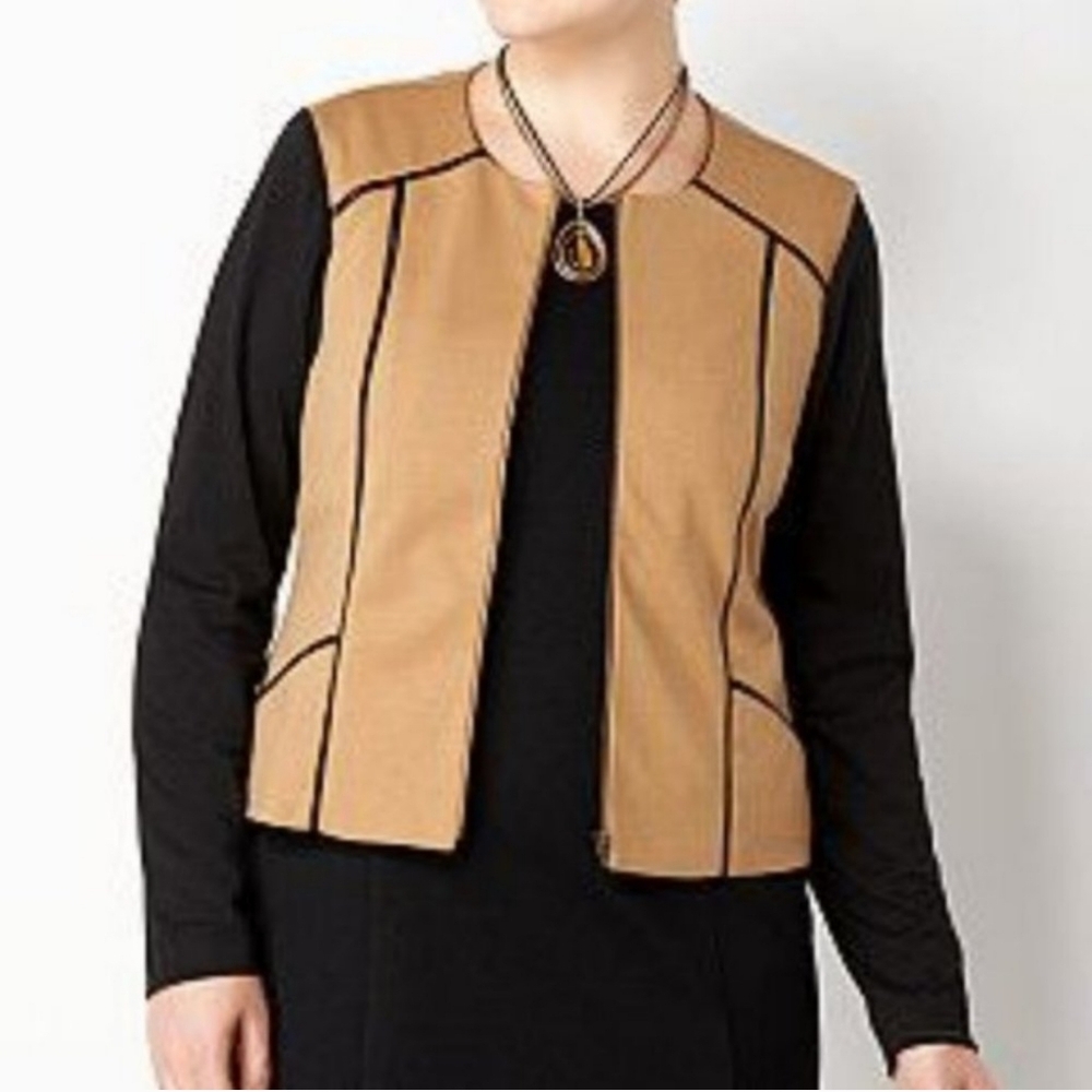 3/$25 Christopher & Banks Ponte Knit Blazer Jacket L Color Block Zip Up Tan
